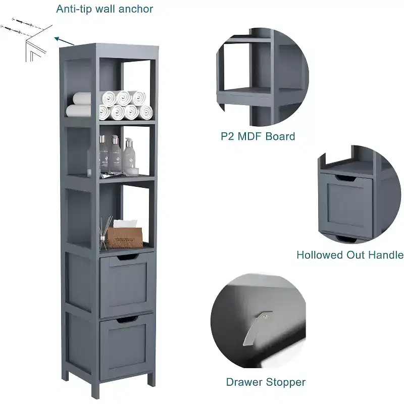 57 Tall Slim Bathroom Storage Cabinet with Shelves & Drawers Waterproof Tower Organizer