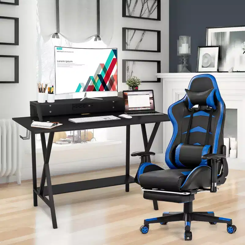 Gaming Desk & Massage Chair Set with Footrest, Monitor Shelf and Power Strip – Blue