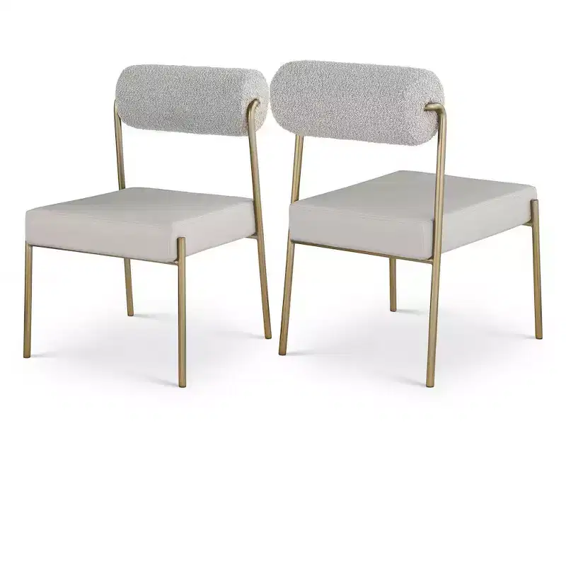Taupe Dining Chair Set, Vegan Leather Seat & Boucle Back, Set of 2
