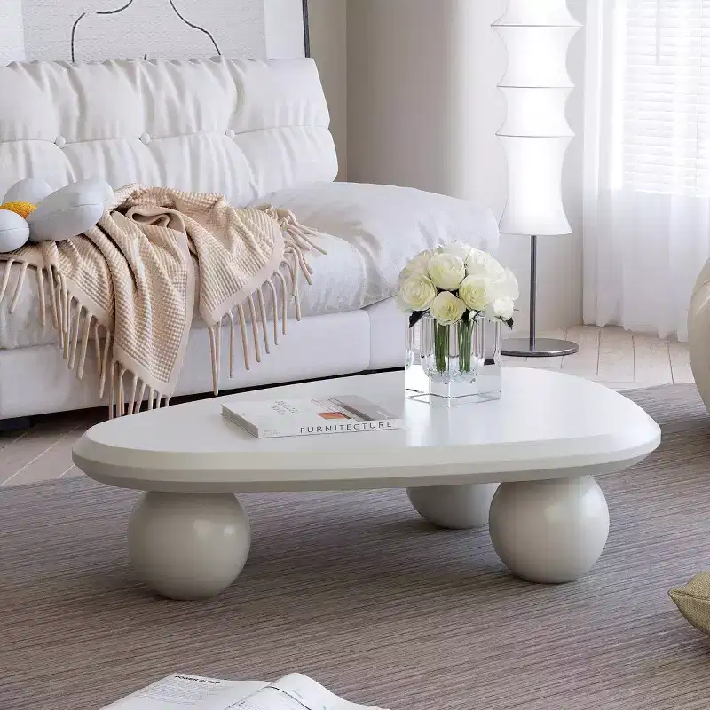Modern Curved Triangular Coffee Table with 3 Ball Legs, High-Quality Accent Center Table for Living Room or Small Spaces