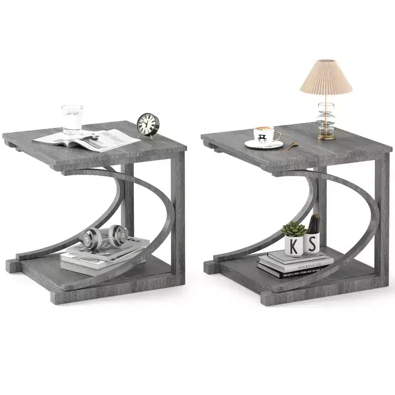 Costway 2PCS 24 Side End Table w/ Storage Shelf & Rubber Wood Frame for Small Space