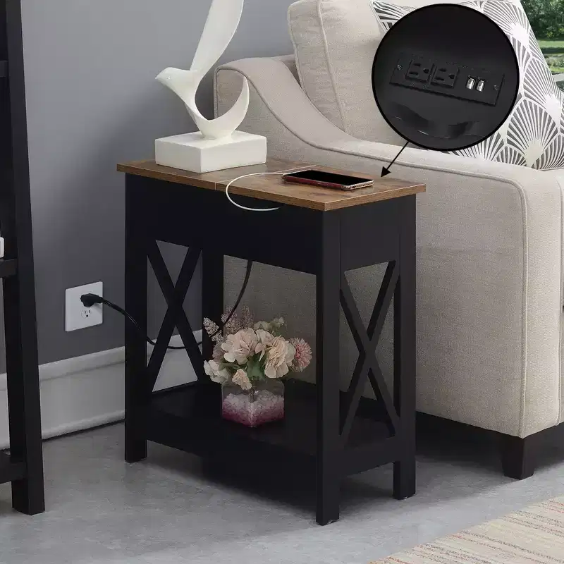 Belmont Flip Top End Table with Charging Station and Shelf, Two Tone Finish, Modern Chairside Table with Hidden Storage and Display