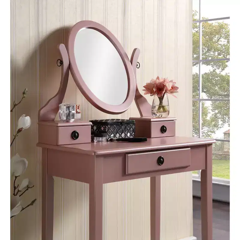 Contemporary Makeup Vanity Desk with Mirror, 3 Drawers, Matching Stool for Bedroom, Rose Gold Finish, Space-Saving Design