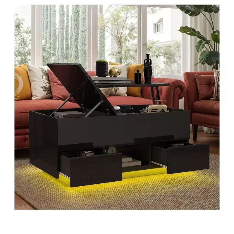LED Lift Top High Gloss Coffee Table With Charging Station 2 Storage Drawers & Open Shelf For Living Room Organizer Modern Design