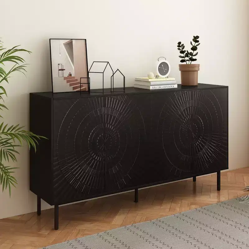 JVNOXK Modern Black Wooden Sideboard, Kitchen Storage Cabinet with Adjustable Shelves and Vacuum-Formed Door Design, Suitable for Kitchens, Black