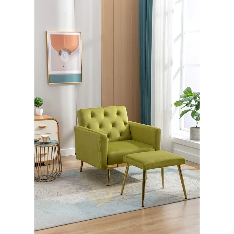 HOMEFUN Velvet Tufted Adjustable Armrests and Backrest Armchair with Ottoman