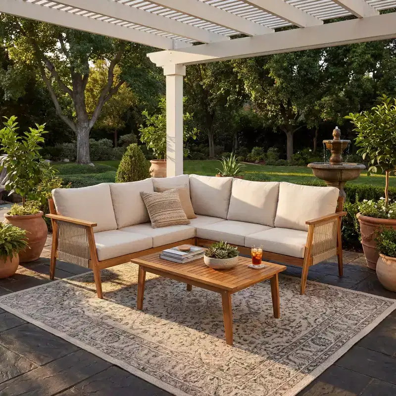 GDFStudio Louie 4 Piece Outdoor Acacia Wood Sectional Sofa Set with Handwoven Rope