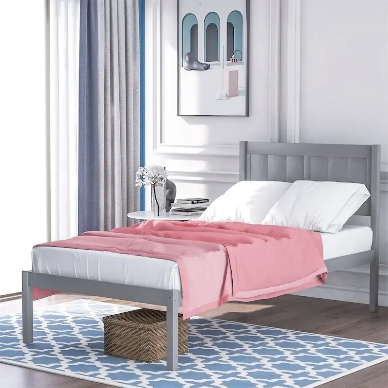 Twin Size Wood Platform Bed Frame, No Box Spring Needed, Solid Wood Slats, Bedroom Furniture