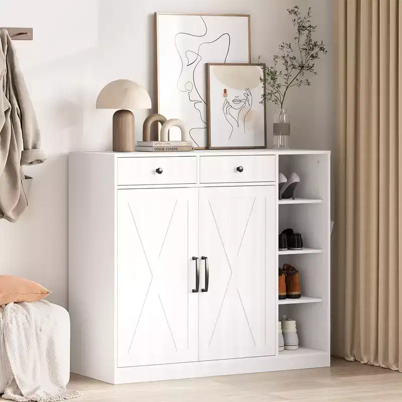 Shoe Cabinet, Shoe Storage Cabinet  Farmhouse 2 Barn Door Design with Drawers, Adjustable Shelves & Hooks for Entryway, Hallway