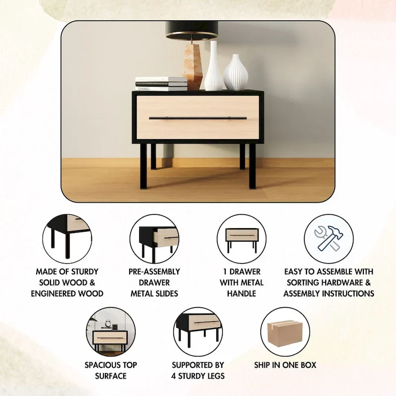 Transitional 1-Drawer Wooden Nightstand | Bedside Table with Storage
