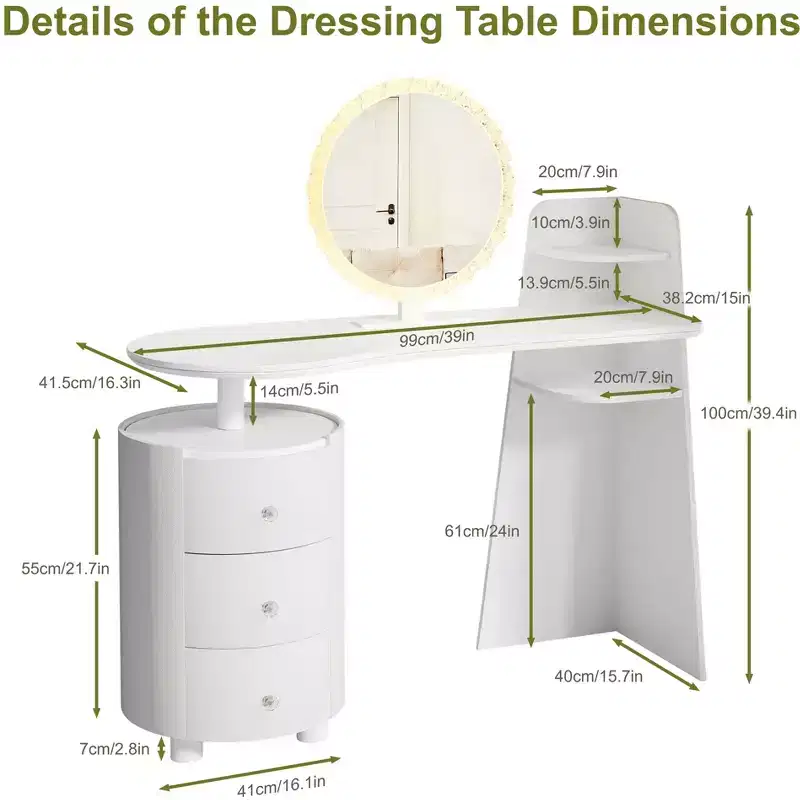 JVNOXK Dressing Table with 3-Color LED Round Mirror & 360 Rotatable 3-Tier Cylinder Cabinet, Light Luxury Vanity for Bedroom, Easy Assembly