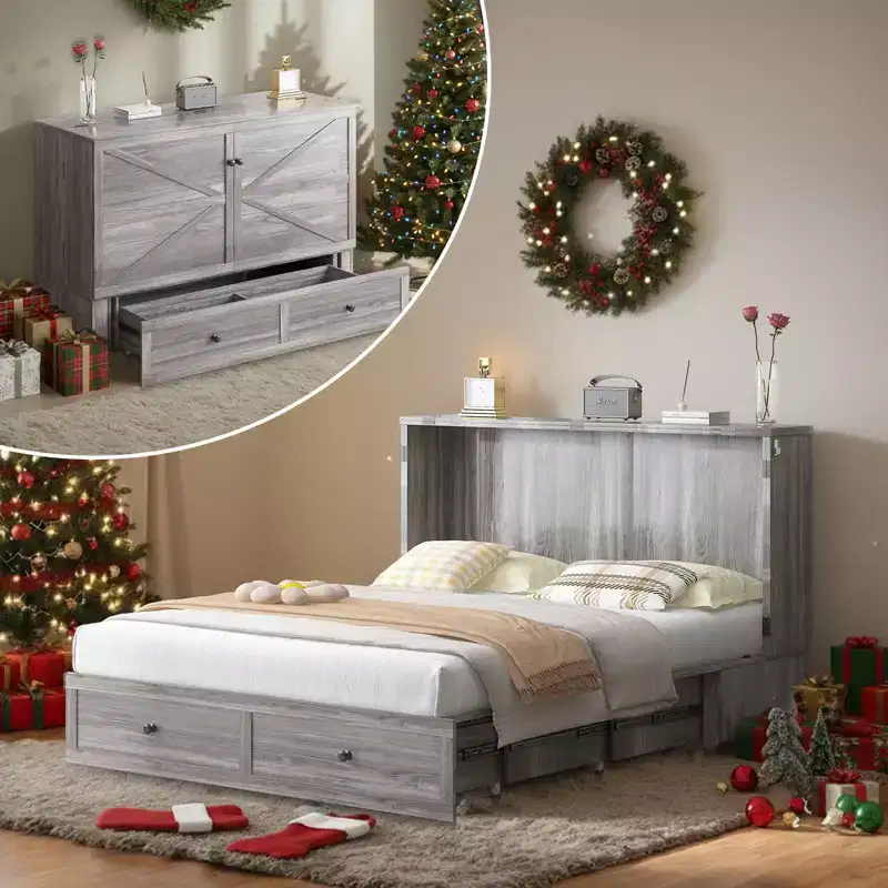 Modern Full/Queen Size Murphy Bed Chest with Storage, No Mattress, Gray, 57x11x79 in