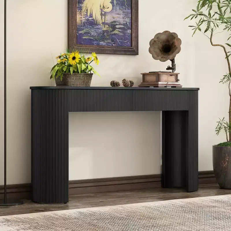Clihome Entryway Table with Fluted Design, Modern Console Table with Storage, Oval Top and 2 Drawers for Entryway and Living Room