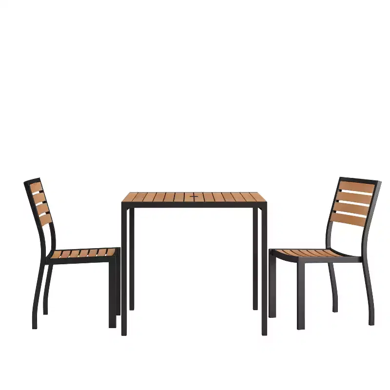 Emma and Oliver 3 Piece Patio Table Set - Synthetic Teak Poly Slats - 35 Square Steel Framed Table with 2 Faux Teak Stackable Chairs