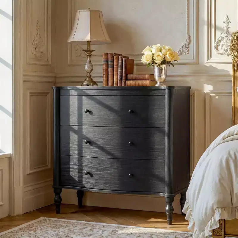 Homsee Wood Nightstand,3 Drawers Dresser  Modern Curved Front Chest of Drawers for with Vintage Turned Legs