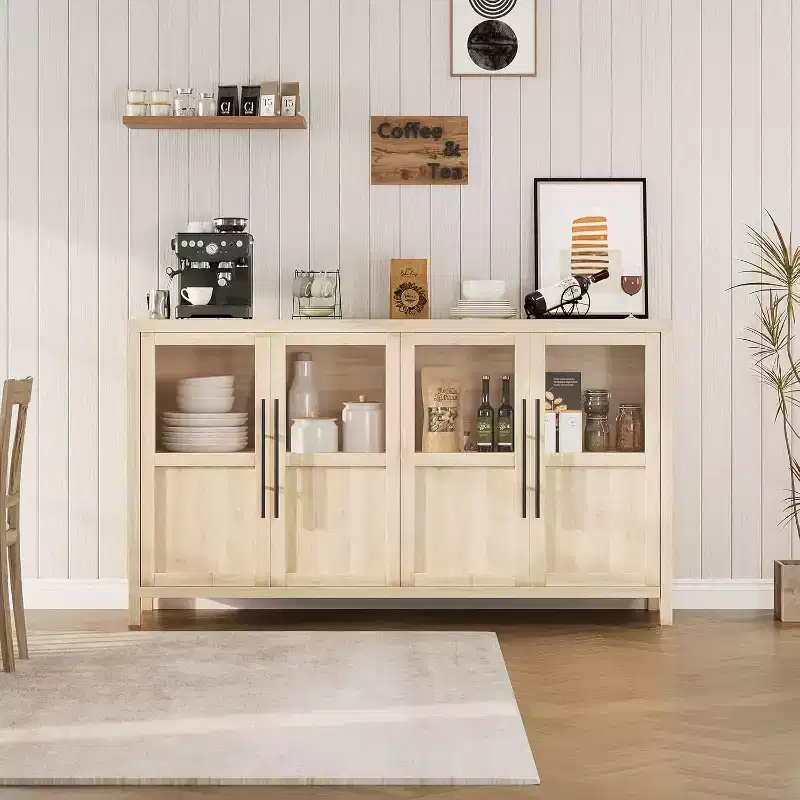 55 Modern Sideboard Buffet Cabinet with 4 Glass Doors snd Storage,for Kitchen Dining Room, Living Room (Glass with 4 Door, Pear Wood)