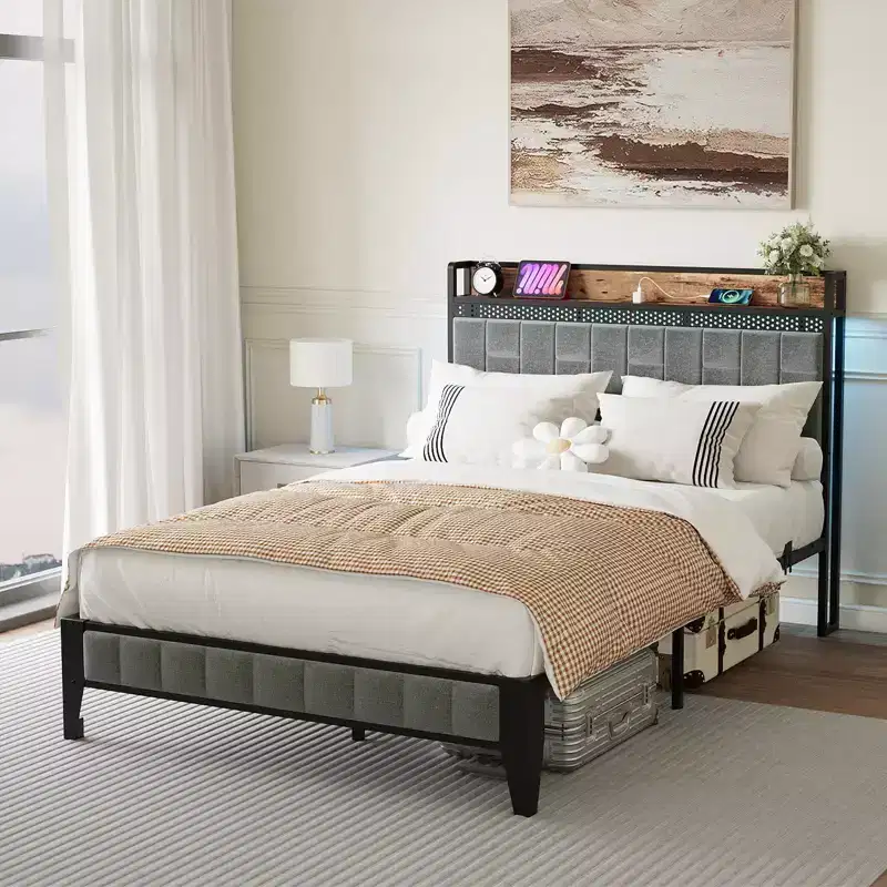 Linen Upholstered Platform Bed Frame with Storage Headboard & Lights  Built-In Charging Station, Heavy-Duty Metal Slats, Grey