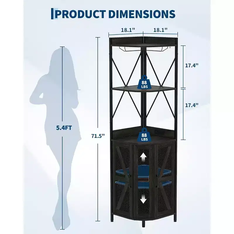 4-Tier Corner Kitchen Rack, Freestanding Foldable Cabinet, Industrial Metal and Wood Storage Shelf for Small Spaces, Living Room & Kitchen