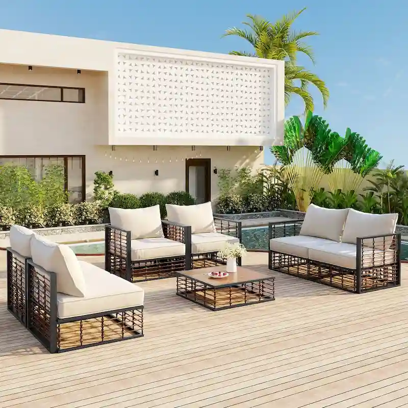 7-Piece Metal Patio Sectional Sofa Set, All-Weather Garden Conversational Furniture Set with Thick Cushions and Coffee Table