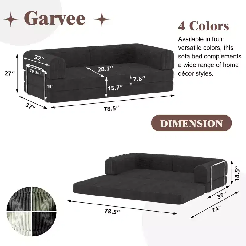 Convertible Corduroy Sleeper Sofa Bed,Folding Mattress Couch with Fixed-Shape Frame, 3 Seater Fold Out King Size Futon,No Assembly Floor Couch