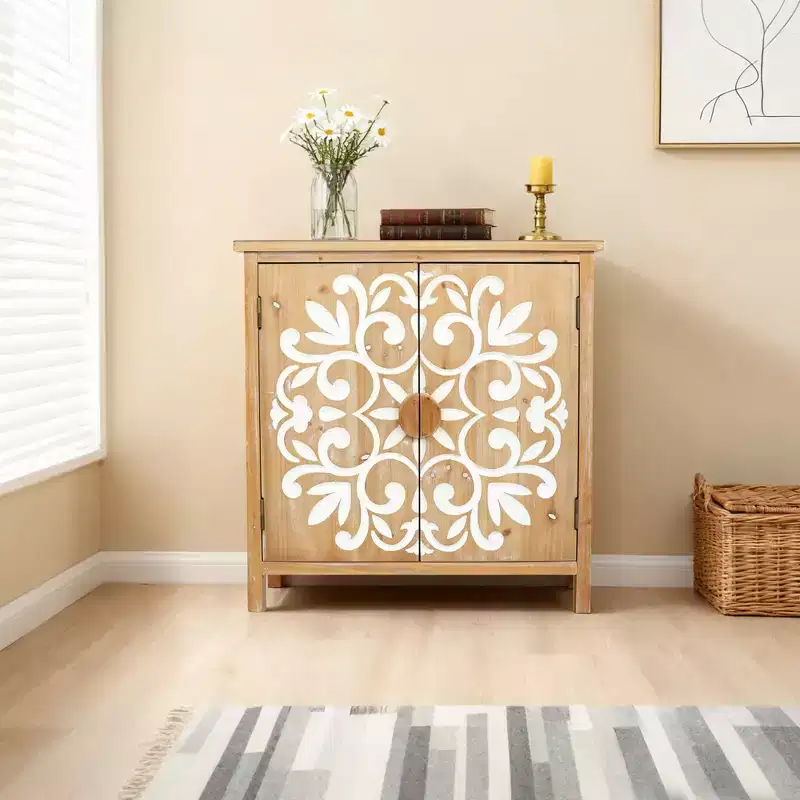 MAYEERTY Ruatic Wooden Accent Cabinet with Floral Carved Doors 2 Door Storage Cabinet for Living Room