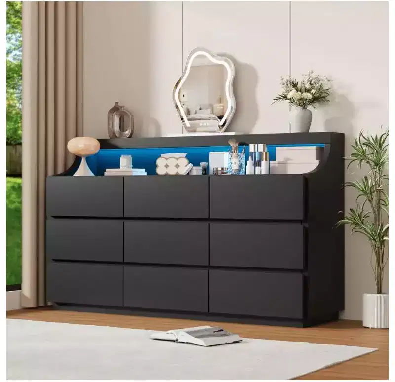 59 Wooden Dresser with 9 Drawers  Modern Chest of Drawers for Bedroom, Living Room, Hallway, and Entryway