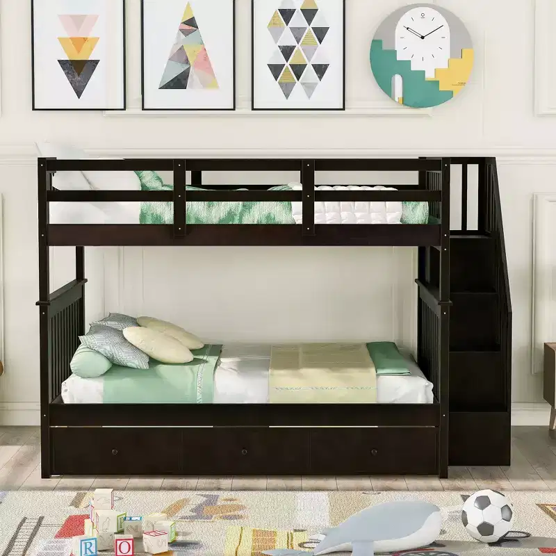 Stairway Full-Over-Full Bunk Bed with Drawer, Storage and Guard Rail for Bedroom