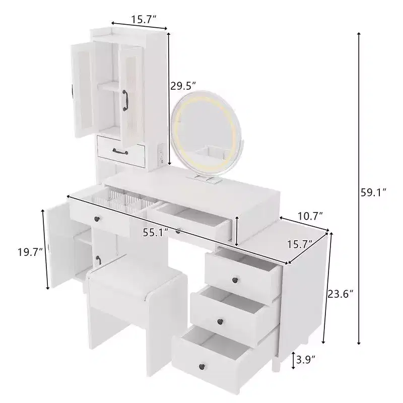 Combined storage cabinet dressing set with 4 doors and 6 drawers, featuring white linen particleboard paired with triamide