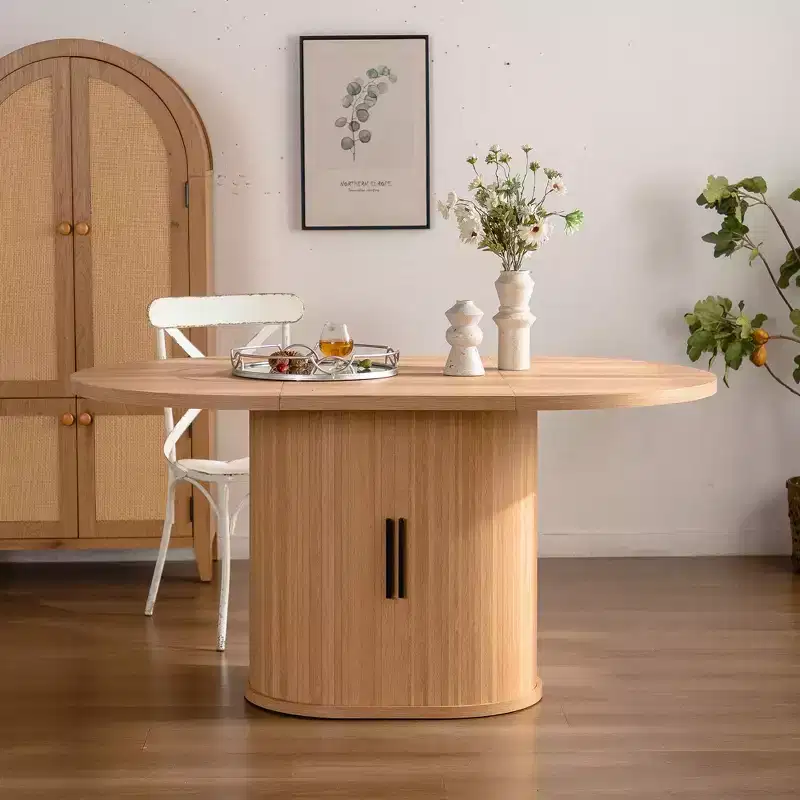 59 inch Oval Dining Table with Double-Layer Storage Shelf and Wood Slide Door