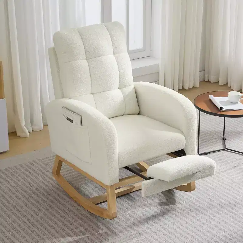 Modern Nursery Rocking Chair, Comfortable Rocker Recliner with Side Pocket, Footrest, Mid Century Upholstered Rocker Glider for Living Room, Bedroom