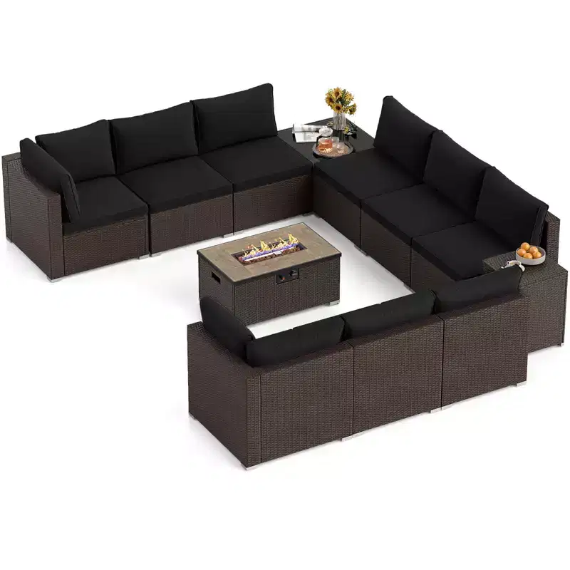 Costway 12 PCS Patio Wicker Sectional Sofa Set with 32 Propane Fire Pit Table Tank Holder Black/Brown/Navy