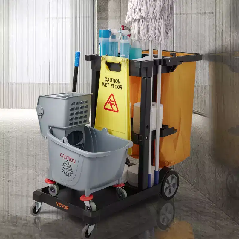 VEVOR Cleaning Cart, 3-Shelf Commercial Janitorial Cart, 200 lbs Capacity Plastic Housekeeping Cart, with 25 Gallon PVC Bag