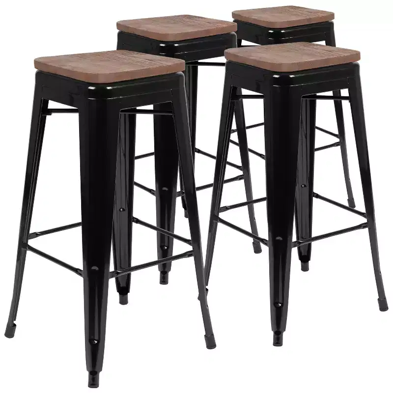 Flash Furniture 30 High Metal Indoor Bar Stool with Wood Seat - Stackable Set of 4