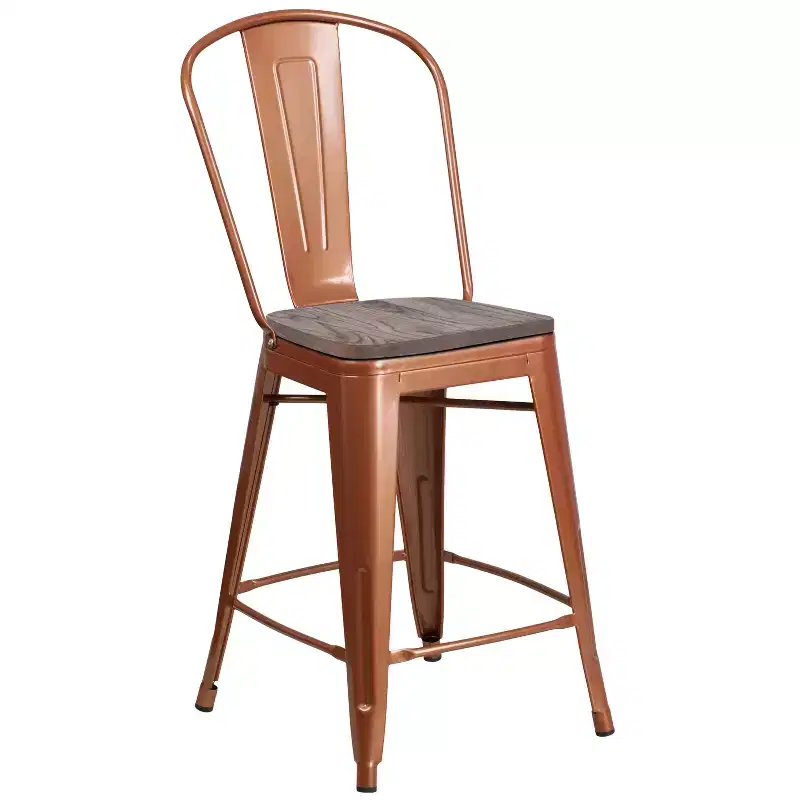 24H Metal Counter Height Stool with Back and Wood Seat