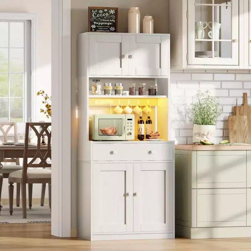 71 Inch Tall White Farmhouse Kitchen Pantry Storage Cabinet Freestanding Microwave Stand with Hutch Doors Drawers for Dining Room Furniture Addition