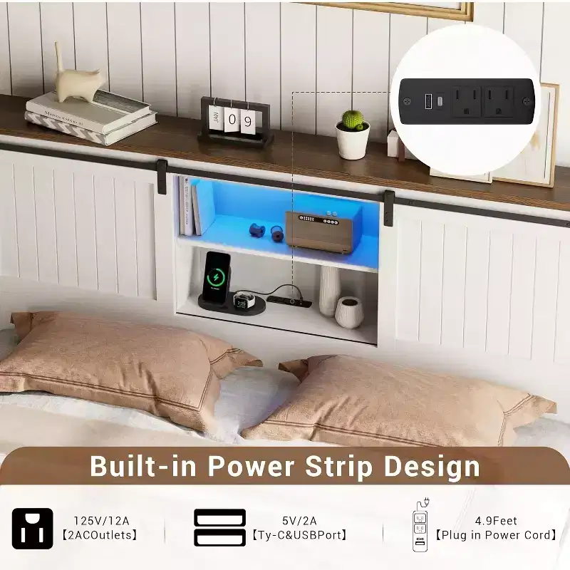 Bed Frame With LED & Charging Station, Platform Bed With Storage Bookcase Headboard,Sliding Barn Door, No Box Spring Needed (Walnut+White)