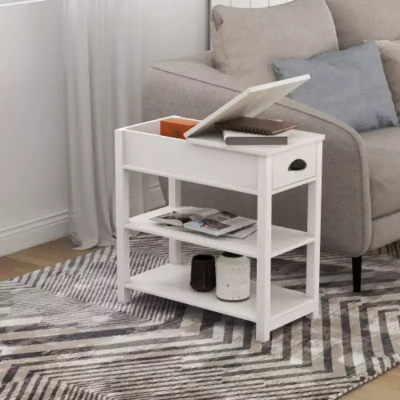 White Flip-Top Narrow Side Table with Storage Shelf, 1-Piece