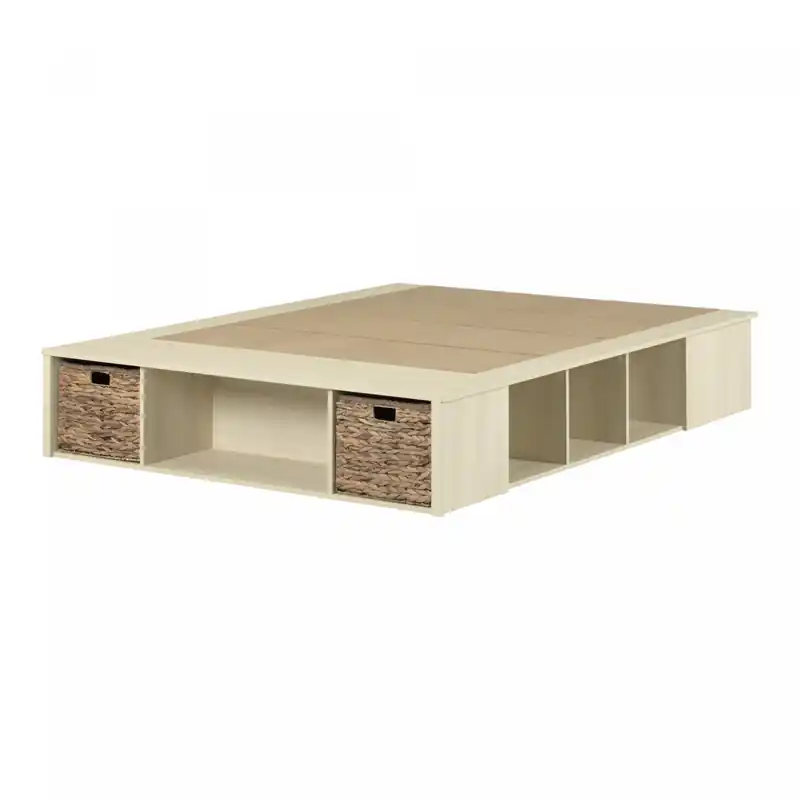 Storage Platform Bed With Wicker Baskets - Bleached Oak