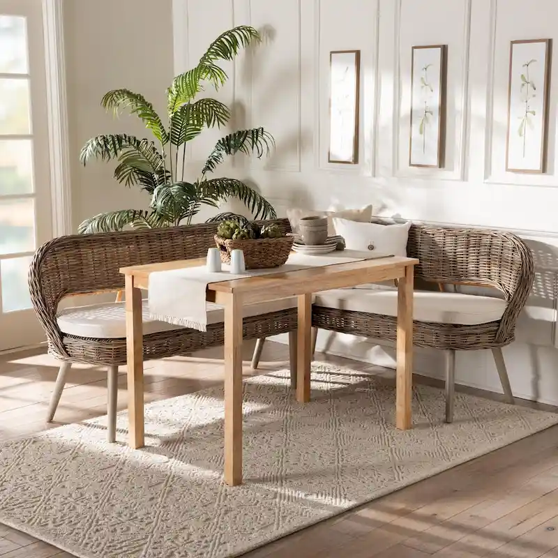 Modern Bohemian Natural Kubu Rattan Bench and Wood Table Dining Nook