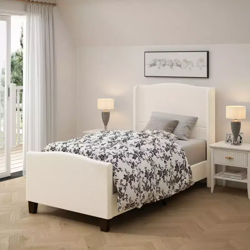 Wooden High Back Platform Bed Frame with Teddy Upholstered Headboard, Modern Soft Bed, No Box Spring Needed
