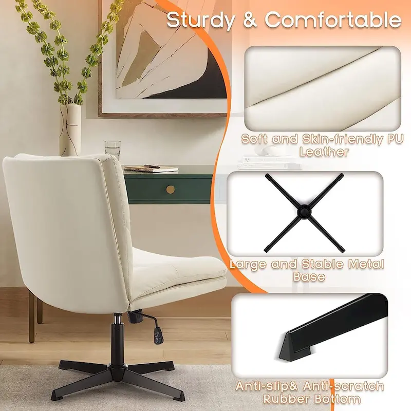 BOSSIN Criss Cross Chair Armless Office Desk Chair No Wheels,PU Leather Padded Modern Swivel Vanity Chair office chair