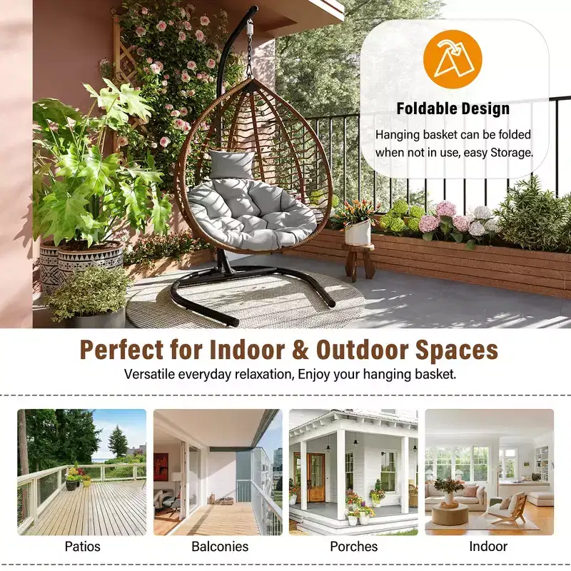 Whisen Hanging Hammock Chair with Stand, Egg Swing Chair with Iron Frame and Cushion & Headrest