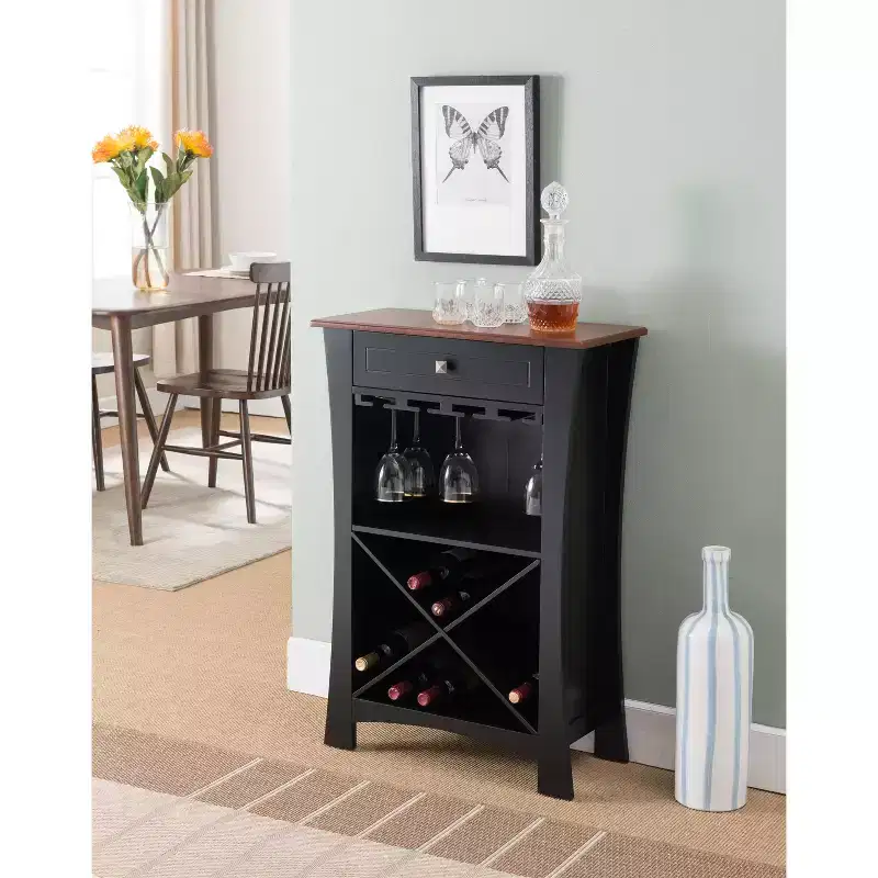 Bar Cabinet Wine Storage with Glass Holders & Drawer, Black or White