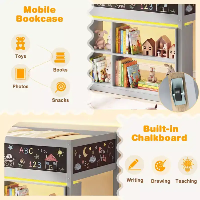 Costway Kids Loft Bed w/LED Lights Chalkboard & Removable Bookcase Safety Guardrail