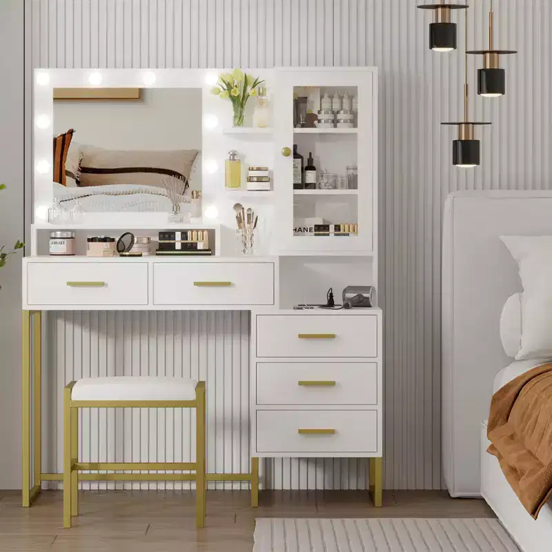 Makeup Vanity with Stool Charging Station, Vanity Desk with Mirror and Lights, Vanity Table Set with Storage Drawers Shelves, Makeup Dressing Table