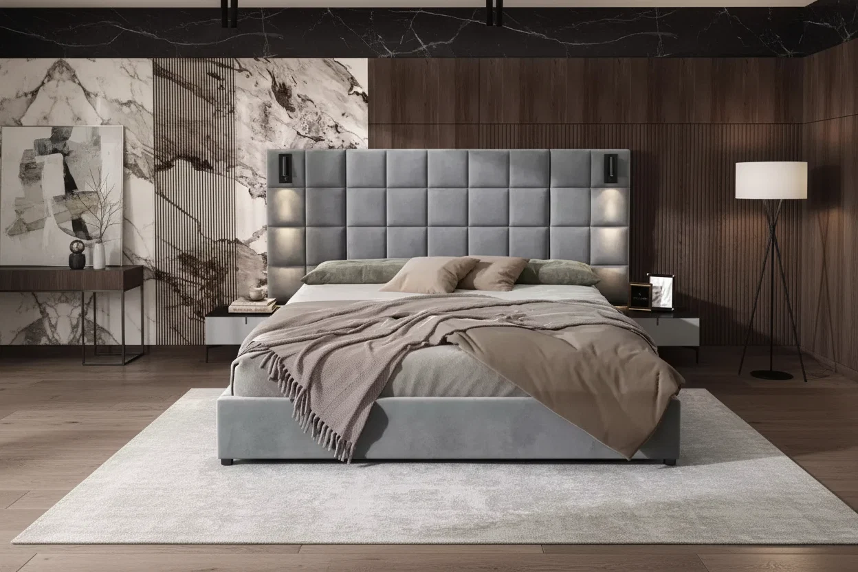 Modern Upholstered Velvet Bed with Reading Lamp and USB Ports, Bedroom Platform Bed