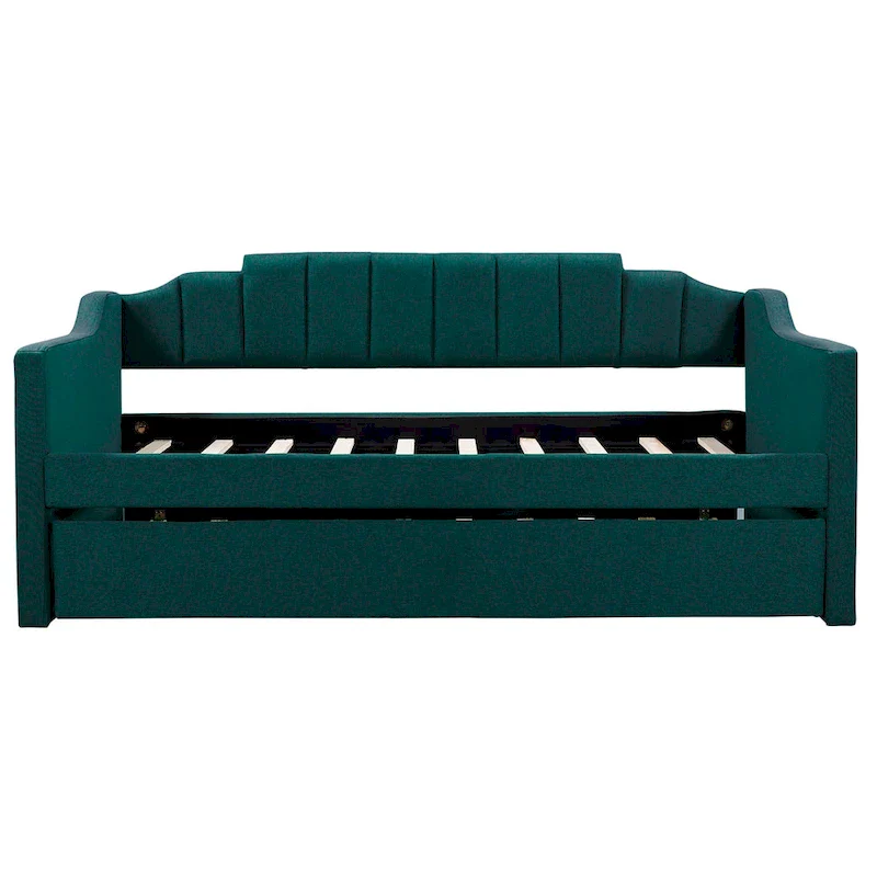 Twin Upholstered Daybed with Trundle, Linen Fabric, Modern Style, Guest Bedroom