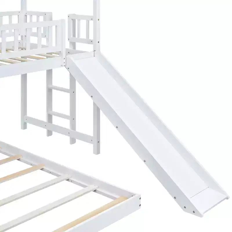 Whisen House Roof Design Twin over Full House Bunk Bed with Slide and Built-in Ladder