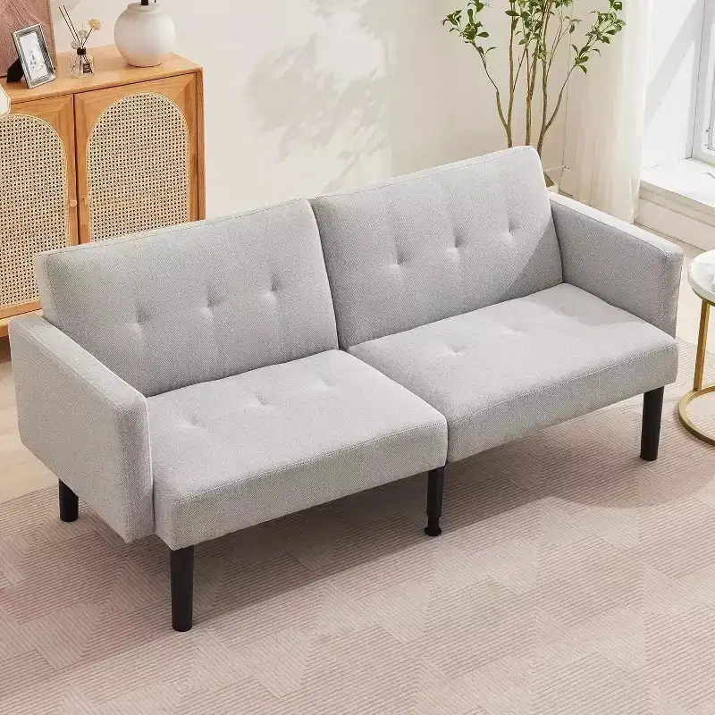 3-Position Adjustable Futon Sofa Bed, Compact Loveseat, Modern Mid-Century Sleeper Sofa, Convertible Couch, Living Room Couches (Grey/Brown)