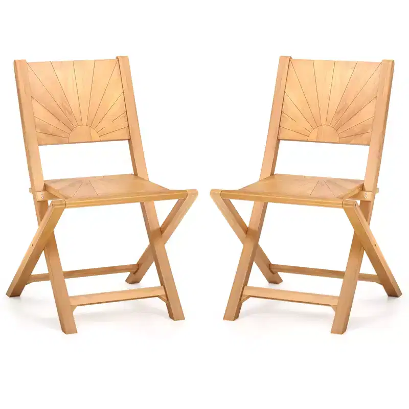 Costway 2 PCS Folding Patio Chairs w/ Inclined Backrest Teak Wood Outdoor Dining Chairs
